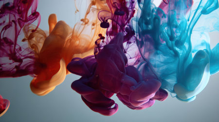 Vivid colors intertwine in water, creating mesmerizing swirls and abstract forms. This artwork captures the beauty of fluid dynamics and vibrant hues.の素材