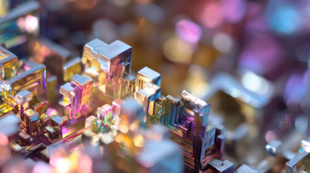 Stunning macro image of colorful crystal structures displaying vibrant reflections and exquisite light patterns in an abstract composition.の素材