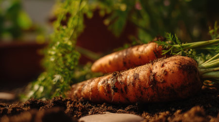 Vibrant carrots emerge from dark soil, showcasing their earthy tones and green leaves. This image highlights the beauty of home gardening and fresh produce.の素材