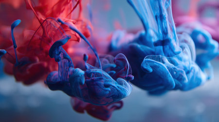 This stunning image captures vibrant red and blue ink swirling gracefully in fluid motion, creating an abstract background that sparks imagination.の素材