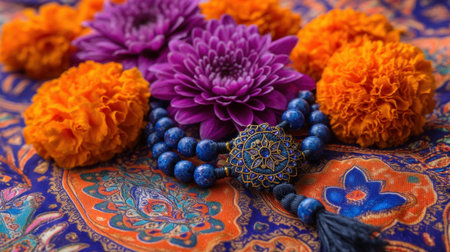 A vibrant composition featuring colorful flowers and decorative beads arranged on an intricate fabric background, perfect for cultural celebrations.の素材