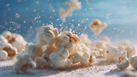 A dynamic scene of popcorn kernels bursting into the air against a vibrant blue background, capturing the fun and excitement of snack time.の素材