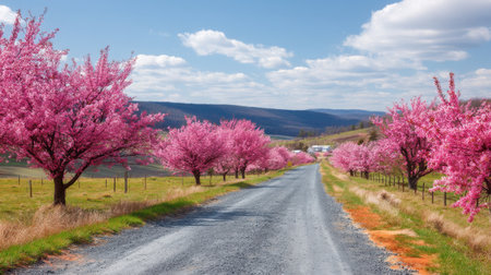 A serene road lined with vibrant pink cherry blossom trees invites travelers into a picturesque landscape. A perfect spring day showcases the harmony of nature with clear blue skies and fluffy white clouds.の素材