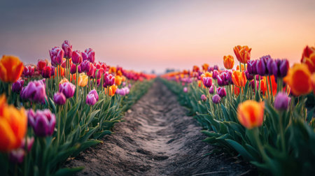 A stunning view of a tulip field at sunset, showcasing a vibrant array of colors. A dirt path meanders through the blooms, inviting exploration.の素材