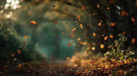 Capture the essence of autumn with vibrant leaves swirling in the air along a tranquil forest path, illuminated by gentle morning light.の素材