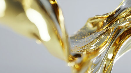 This captivating image captures the fluid motion of a golden liquid, accentuated by shimmering particles that reflect light beautifully, creating an elegant and vibrant abstract composition.の素材