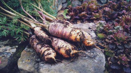 A close-up view of freshly harvested root vegetables showing rich soil and vibrant foliage, perfect for agricultural and gardening themes.の素材