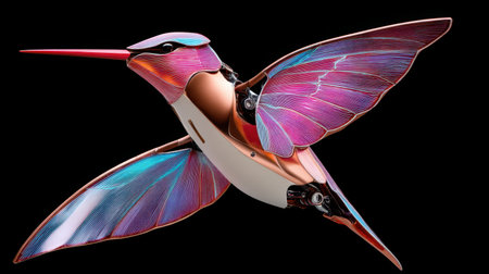A stunning representation of a metallic hummingbird, blending nature and technology with vibrant colors and exceptional details, showcasing innovation.の素材