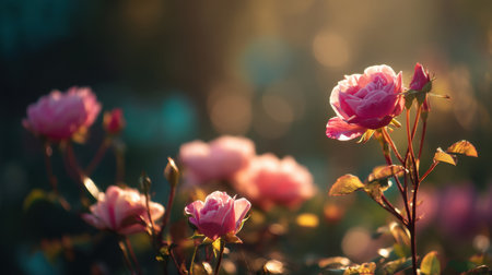 A stunning composition of garden roses bathed in soft sunlight, creating a serene and romantic atmosphere in nature. Ideal for floral enthusiasts.の素材