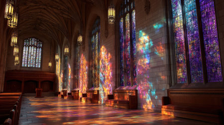 A serene chapel interior showcases colorful stained glass windows casting vibrant light reflections across the wooden benches, creating a peaceful atmosphere for worship and reflection.の素材