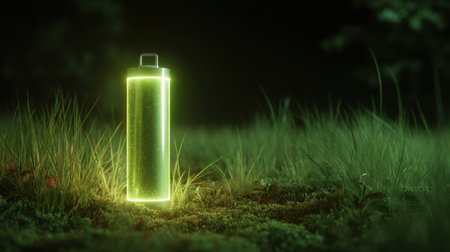 A glowing battery stands amidst green grass in a serene forest at night. The captivating light effects create a mystical atmosphere, emphasizing energy and nature.の素材