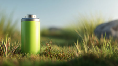 A vivid green battery rests in a lush grass field, capturing the essence of sustainability and clean energy. The bright sky enhances the natural atmosphere, creating a serene backdrop.の素材