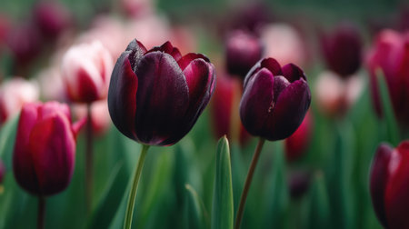This stunning image captures vibrant purple tulips adorned with dew drops, showcasing their beauty in a lush garden setting, perfect for spring.の素材