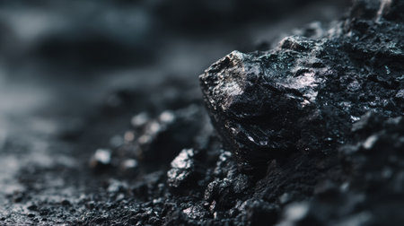 Close-up shot of a natural black mineral rock showcasing intricate textures and details against a dark backdrop. Ideal for geology or nature themes.の素材