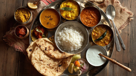 A vibrant traditional Indian thali features a variety of dishes, including rice, naan, dal, and spices, served on a wooden table, showcasing rich colors and textures.の素材