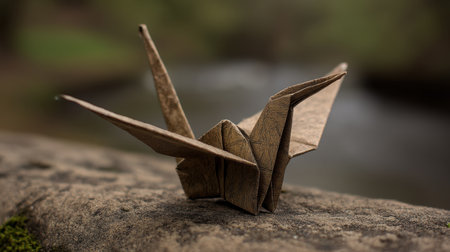 This image captures an elegant origami crane crafted from textured paper, resting on a stone by a tranquil river, creating a serene atmosphere.の素材