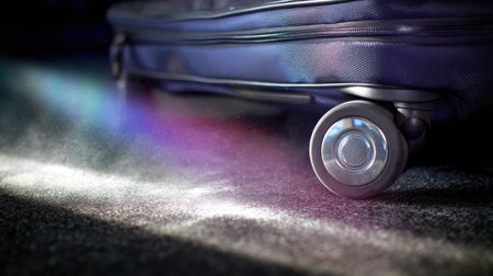 A detailed close-up view of a luggage wheel emphasizing reflections and dust particles in soft light, capturing the essence of travel.の素材