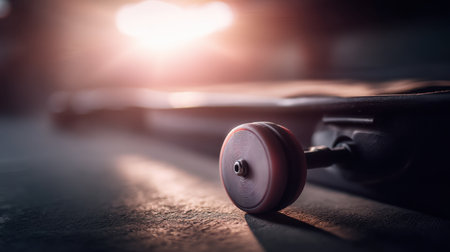A close-up view of a single weight plate resting on the gym floor, illuminated by warm light creating an inspiring fitness atmosphere.の素材