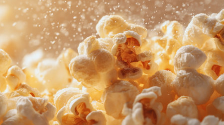 This image captures freshly popped popcorn sprinkled with salt, creating a cozy atmosphere perfect for movie nights or gatherings. Enjoy the warm, inviting texture.の素材