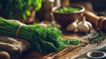 A beautiful arrangement of fresh green herbs, including dill and garlic, on a rustic wooden table in a cozy kitchen, perfect for culinary inspiration.の素材