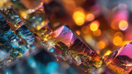 Explore the beauty of vibrant colorful crystals with an abstract art style, illuminated by a stunning bokeh background full of light and sparkle.の素材