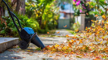 An electric leaf blower efficiently clears fallen leaves from a picturesque garden path, surrounded by lush plants and vibrant flowers.の素材