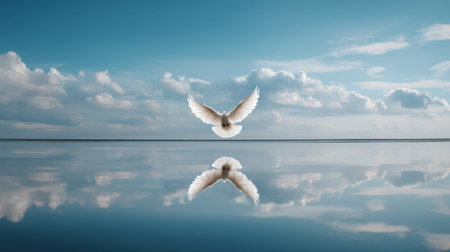 A stunning white bird soars gracefully over a calm body of water, reflecting fluffy clouds in a pristine blue sky, creating a serene atmosphere.の素材