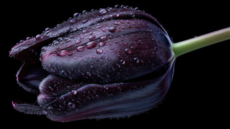 Discover the beauty of a black tulip adorned with glistening dew drops, showcasing intricate details and vibrant colors against a dark background.の素材