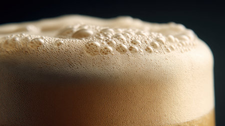 This close-up image showcases a frothy foam topping on a glass of golden beer, highlighting the bubbles and texture against a dark background.の素材