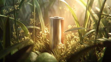 This captivating image features a metallic battery nestled in lush green grass, bathed in soft sunlight, embodying the harmony between technology and nature.の素材