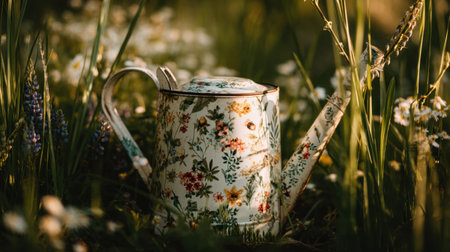 A charming vintage watering can adorned with floral patterns sits nestled in a lush meadow, radiating a serene, sunlit atmosphere, ideal for garden enthusiasts.の素材