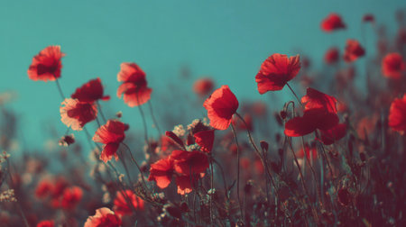 A stunning display of vibrant red poppy flowers swaying gently against a soft blue sky, capturing the essence of nature's beauty and tranquility.の素材
