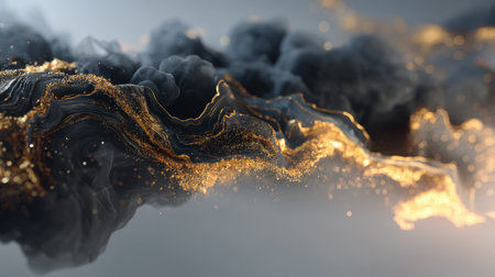 Captivating abstract composition featuring dark swirling textures enhanced by shimmering gold accents, perfect for elegant and modern backgrounds.の素材
