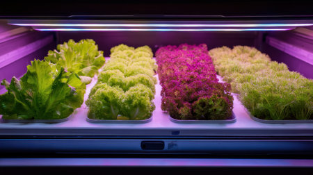 This image captures an indoor hydroponic garden with an array of vibrant lettuce varieties thriving under colorful grow lights, emphasizing modern agricultural technology.の素材