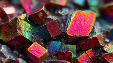 Discover the intricate beauty of vibrant crystals showcasing a kaleidoscope of colors and geometric shapes in a stunning close-up view.の素材