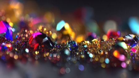 An enchanting collection of colorful gems and crystals glimmering on a black surface, creating a mesmerizing display of light and color, perfect for artistic projects and elegant designs.の素材