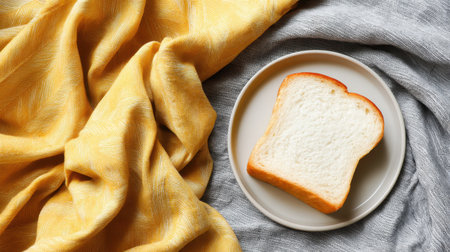 A simple yet inviting image featuring a slice of freshly baked white bread on a round plate, surrounded by soft, textured fabric in warm hues.の素材