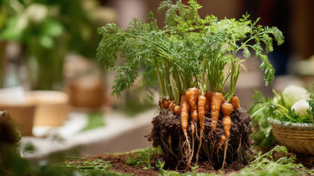 A stunning display of freshly harvested carrots with their leafy greens on rich brown soil, capturing the essence of organic farming and healthy eating.の素材