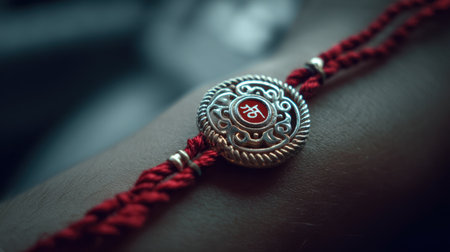 A stunning red bracelet with a silver charm rests gracefully on a wrist, highlighting intricate design and exceptional craftsmanship, perfect for style.の素材