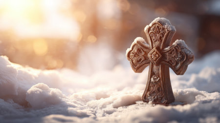 A beautifully carved cross stands in the snow, illuminated by a soft backlight. The scene evokes a sense of peace and spirituality, perfect for winter-themed projects.の素材