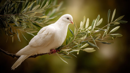 A stunning white dove sits gracefully on an olive branch, surrounded by lush leaves, portraying peace and tranquility in nature.の素材