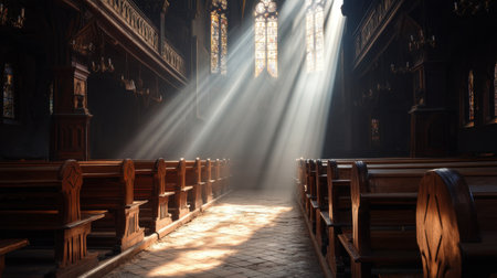 Sunlight filters through stained glass windows, casting enchanting patterns on the wooden pews in an empty historic church, evoking peace.の素材