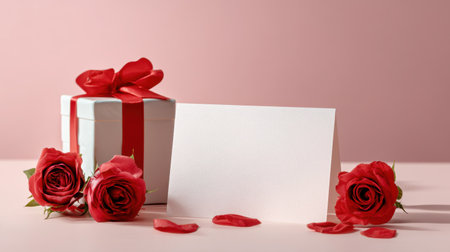 Delightful arrangement featuring a gift box, red roses, and a blank card against a soft pink background, perfect for various romantic occasions.の素材