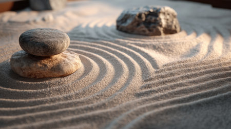 A serene representation of a Zen garden featuring carefully arranged stones on raked sand. This image conveys peace and tranquility, ideal for meditation and relaxation themes.の素材