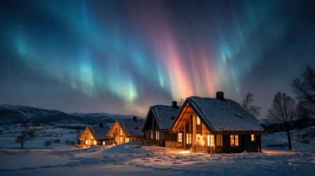 Experience the breathtaking beauty of the northern lights illuminating cozy winter cabins. This enchanting night sky captures tranquility in a snowy landscape.の素材