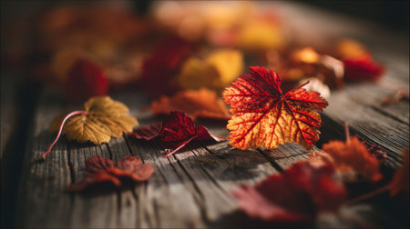 Explore the serene beauty of autumn with colorful leaves scattered across a rustic wooden surface, illuminated by warm sunlight.の素材