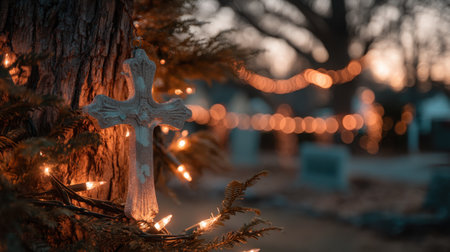 A serene view of a decorative cross adorned with warm lights, set against a softly blurred cemetery backdrop during sunset.の素材
