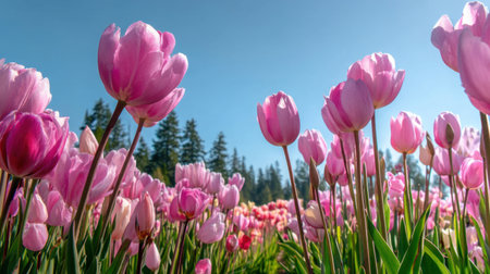 A stunning view of pink tulips blooming under a clear blue sky, showcasing the beauty of spring in a peaceful garden landscape.の素材