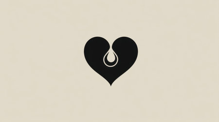 This minimalist black heart design features a water drop at its center on a soft beige backdrop. It embodies elegance, love, and emotion.の素材