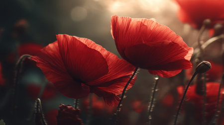 Stunning close-up of vibrant red poppies basking in soft sunlight, creating a serene and enchanting atmosphere in nature. The delicate petals and blurred background enhance the beauty and tranquility of this floral scene.の素材